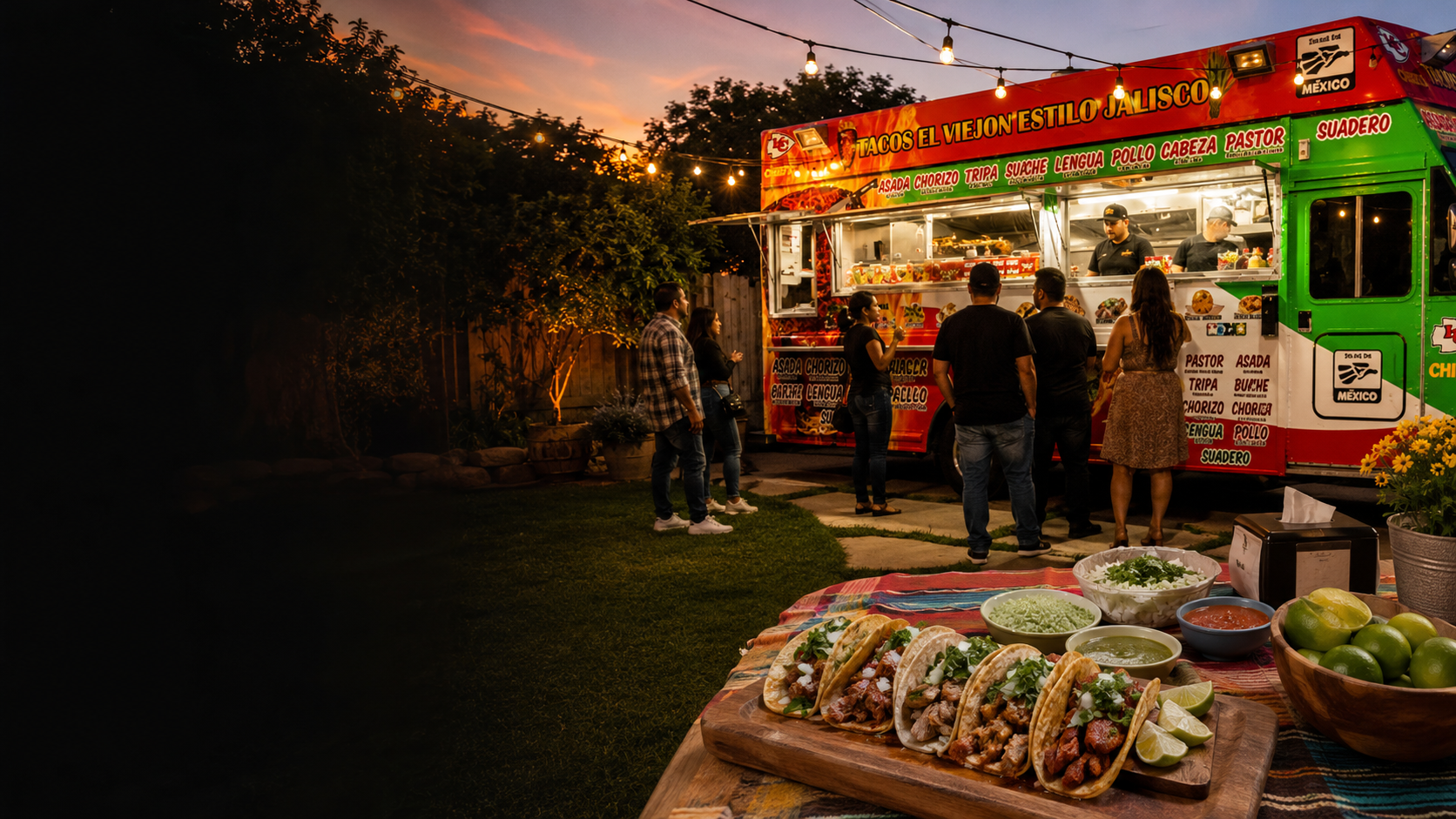 Foodtruck de Tacos El Viejon sirviendo tacos en un evento al atardecer
